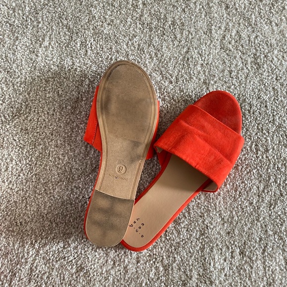 Red/orange faux suede slip on flat sandals. - Picture 2 of 3